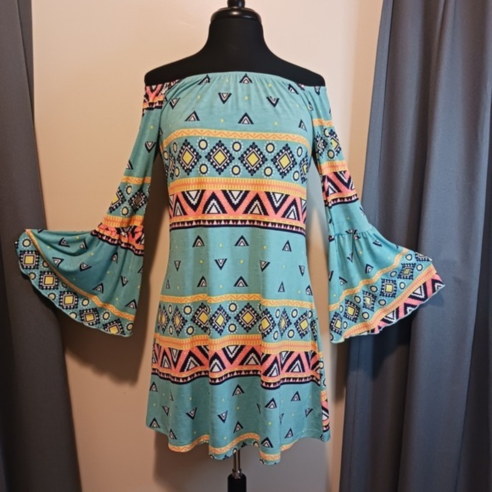 2B Together‎ Turquoise Aztec Tribal Off Shoulder Bell Sleeve Mini Dress